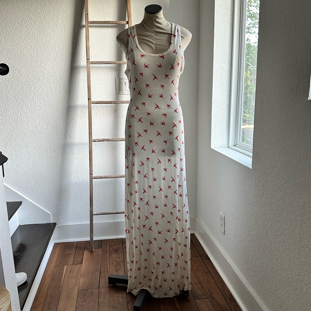 B Sharp Red Bird Printed Cotton Maxi Dress sz: Large